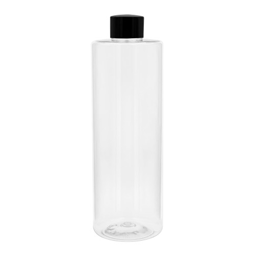 Bezbarwna butelka 300 ml, w zestawie z czarną nakrętką, szczelny zestaw, estetyczny, uniwersalny wygląd, laboratoria, przemysł, płyny miceralne, toniki, żele pod prysznic, 300 ml PET 24/410 + NAK BL 24/410.