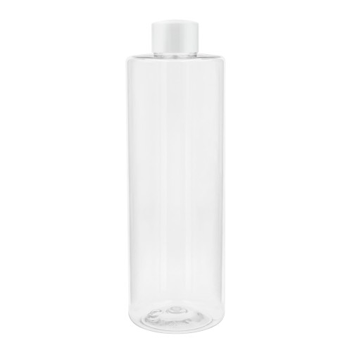 Bezbarwna butelka 300 ml, w zestawie z białą nakrętką, szczelny zestaw, estetyczny, uniwersalny wygląd, laboratoria, przemysł, płyny miceralne, toniki, żele pod prysznic, 300 ml PET 24/410 + NAK WH 24/410.