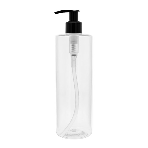 Bezbarwna butelka 300 ml PET, w zestawie z czarną pompką dozującą, wygodna w użytkowaniu, kontrola podczas dozowania, balsam, szampon, płyny do dozowania w salonach i gabinetach, 300 ml PET 24/410 + PO BL 24/410.