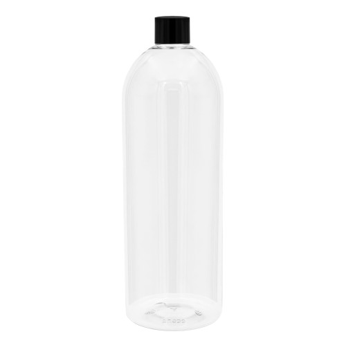 Bezbarwna plastikowa butelka 1000 ml PET, w zestawie z czarną gładką nakrętką, bezpieczne dla dzieci, do przechowywania płynów, płyny do podłóg, toniki, płyny do paznokci, 1000 ml PET 28/410 +NAKBL 28/410.