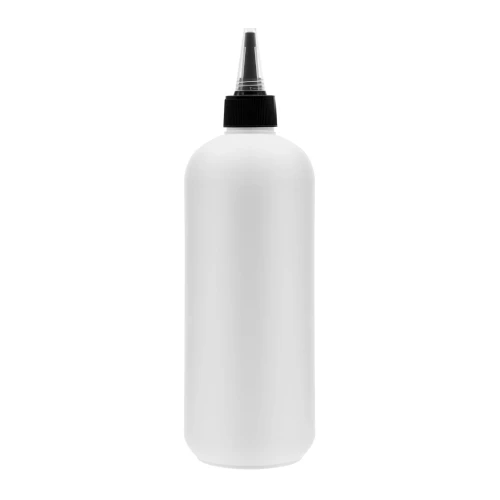 Biała butelka HDPE 500 ml z czarno-przezroczystym aplikatorem dzióbek 24/410 i otworem 3 mm. Do wcierek, serum, odżywek, kosmetyków, detailingu, chemii gospodarczej, olejów i preparatów technicznych.