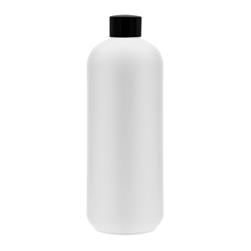 Biała butelka 500 ml HDPE, w zestawie z czarną gładką nakrętką, bezpieczne dla dzieci, wielokrotnego użytku, do detailingu, kosmetyki samochodowe, przechowywanie cieczy, preparatów fryzjerskich, 500 ml HDPE WH 24/410 + NAK BL 24/410.