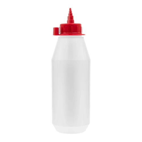 Biała **butelka PE 250 ml z czerwonym aplikatorem dzióbek fi33** i otworem 3 mm do precyzyjnego dozowania olejów technicznych, lekkich smarów, chemii technicznej, preparatów warsztatowych, detailingowych, klejów i emulsji.