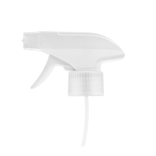 Biały trigger typu spryskiwacz, rozpylacz, precyzyjne rozpylanie płynów, trwały mechanizm, zraszanie roślin, mycie szyb, prace porządkowe w szklarniach, altanach, TRS WH 28/410.