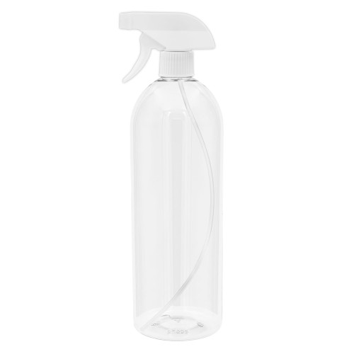 Bezbarwna butelka 1000 ml PET, w zestawie z białym spryskiwaczem, rozpylacz, zraszanie sadzonek, płyny chłodzące, kosmetyki wodne, zwilżenie powierzchni przed czyszczeniem, 1000 ml PET+ TR WH 28/410.