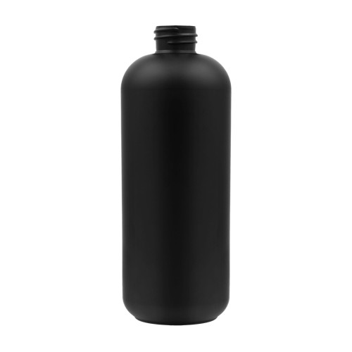 Czarna butelka HDPE 500 ml z gwintem 28/410 i kształtem Boston Round. Butelka kosmetyczna do szamponów, odżywek, żeli, balsamów i wcierek. Opakowanie HDPE do kosmetyków, produktów fryzjerskich, detailingu i chemii.