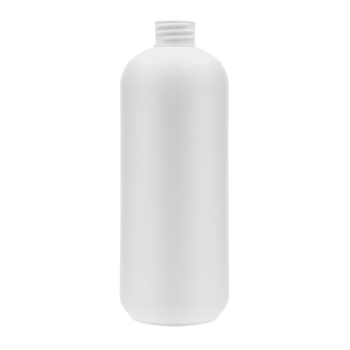 Biała matowa butelka HDPE 500 ml z gwintem 28/410 i kształtem Boston Round. Butelka kosmetyczna do szamponów, odżywek, żeli, balsamów i wcierek. Opakowanie HDPE do kosmetyków, preparatów fryzjerskich i chemii gospodarczej.