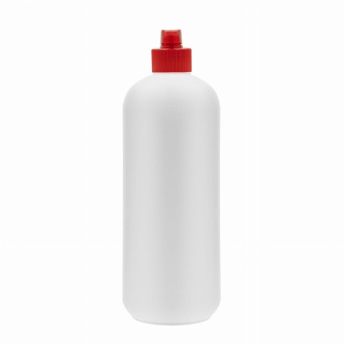 Biała butelka 500 ml HDPE, w zestawie z czerwoną zakrętką typu fliptop, szczelna, do preparatów płynnych, pielęgnacji auta, chemii gospodarczej, płyny do czyszczenia, detergenty, 500 ml HDPE WH 28/410 + FT RED 28/410.
