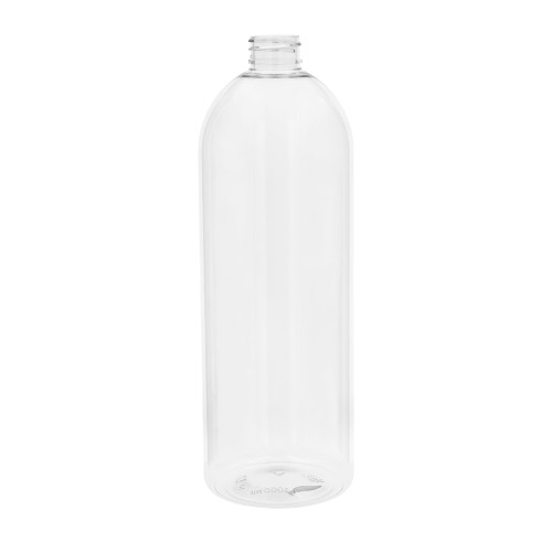 Transparentna butelka PET 1000 ml z gwintem 28/410 i kształtem Boston Round. Duża butelka kosmetyczna do odżywek, żeli, balsamów i preparatów pielęgnacyjnych. Opakowanie PET do kosmetyków, produktów fryzjerskich i SPA.
