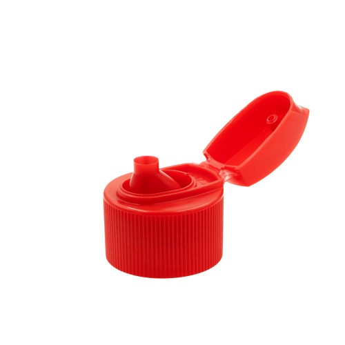 Czerwony flip-top 28/410 do butelek HDPE z otworem dozującym 2,5 mm. Zamknięcie do opakowań kosmetycznych i fryzjerskich na szampony, odżywki, żele i balsamy oraz opakowań do chemii gospodarczej, detergentów i koncentratów.