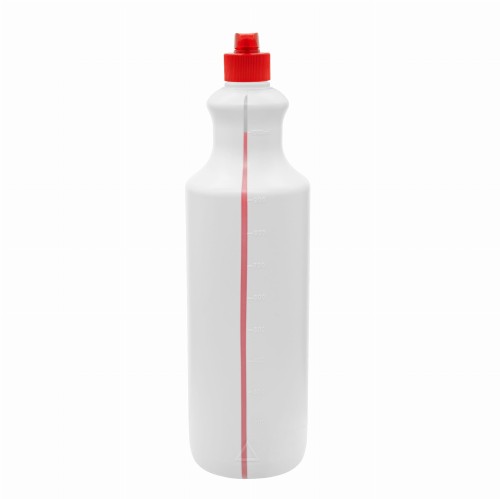 Biała butelka 1000 ml, trwała, z wydłużoną szyjką, w zestawie z czerownym zamknięciem typu fliptop, szczelne zamknięcie, do środków czystości, detailingu, motoryzacji, chemii, 1000 ml HDPE WH 28/410 + FT RED 28/410.