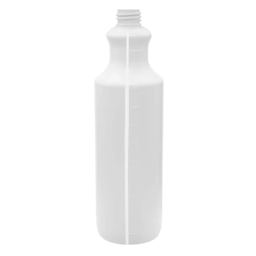 Biała butelka HDPE 1000 ml z gwintem 28/410, kształtem RL i paskiem wizyjnym. Butelka kosmetyczna do szamponów, odżywek, żeli, balsamów i preparatów fryzjerskich. Opakowanie HDPE do kosmetyków, chemii i płynów użytkowych.