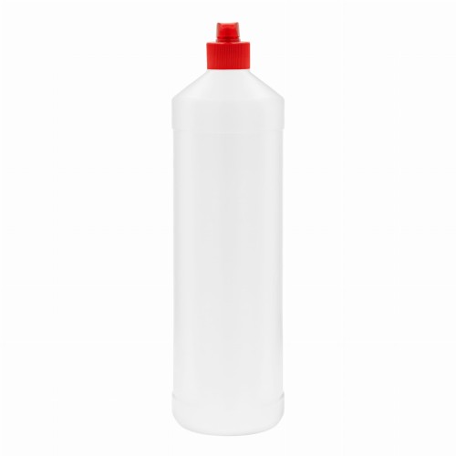 Mleczna plastikowa butelka 1000ml, w zestawie z czerwoną zakrętką typu fliptop, lekka, praktyczna, wygodne dozowanie płynów, środki do sprzątania, środki odtłuszczające, płyn do mycia naczyń, 1000 ml HDPE TR28/410 + FT RED 28/410.