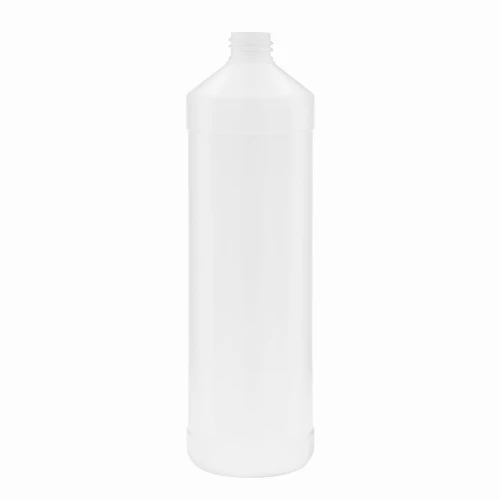 Mleczna półtransparentna butelka HDPE 1000 ml z gwintem 28/410 i kształtem VE. Duża butelka kosmetyczna do szamponów, odżywek, żeli i produktów pielęgnacyjnych. Opakowanie HDPE do kosmetyków, chemii i płynów użytkowych.