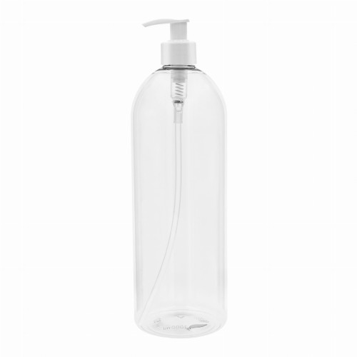 Bezbarwna butelka PET 1000 ml, w zestawie z białą pompką, elastyczne opakowanie, wygodne dozowanie, odporny na uszkodzenia, higiena, dezynfekcja, gabinet medyczny, kosmetyczny, hotele, gastronomia, 1000 ml PET + PO WH 28/410.