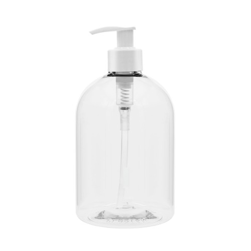Bezbarwna, funkcjonalna butelka 500 ml, w zestawie z białą pompką dozującą, szczelna konstrukcja, bezpieczna dla dzieci, żele do rąk, ciała, balsami, emulsje, preparaty higieniczne, 500 ml 28/410 + PO WH 28/410.