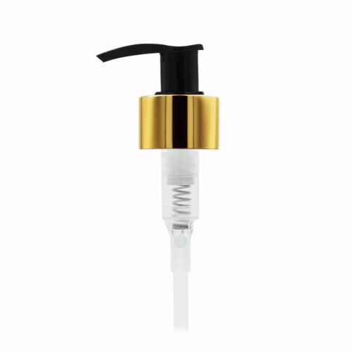 Złota pompka, dozownik czarny ze złotym kołnierzem, estetyczna, funkcjonalne stosowanie do kosmetyków, płynów użytkowych, kosmetyki profesjonalne, balsami, kremy, gwint 28/410,  POBLGD 28/410.