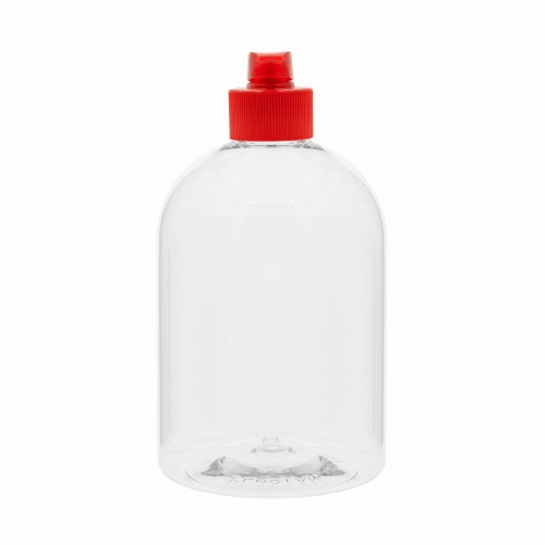 Transparentna butelka PET 500 ml z czerwonym flip-topem 28/410. Opakowanie kosmetyczne do odżywek, żeli, balsamów, wcierek i gliceryny. Butelka z zamknięciem do kosmetyków, produktów fryzjerskich i pielęgnacyjnych.