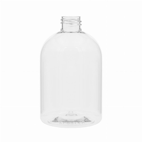 Transparentna butelka PET 500 ml z gwintem 28/410 i kształtem Boston Round. Butelka kosmetyczna do produktów pielęgnacyjnych, fryzjerskich, żeli, balsamów i odżywek. Przezroczyste opakowanie PET do kosmetyków.