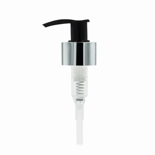 Srebrna pompka, dozownik czarny ze srebrnym kołnierzem, estetyczna, funkcjonalne stosowanie do kosmetyków, płynów użytkowych, kosmetyki profesjonalne, balsami, kremy, gwint 28/410,  POBLSV 28/410.