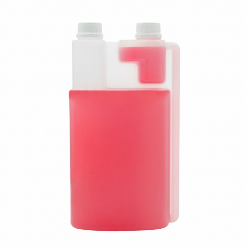 Profesjonalna butelka combo 1000 ml z podwójną komorą, w zestawie z dwoma białymi nakrętkami, szczelna konstrukcja dwa w jednym, trwałe tworzywo, do środków chemicznych, suplementy diety dla zwierząt, branża sprzątająca, 1000 HDPE2K 28/410+NAKPWH 28/410.