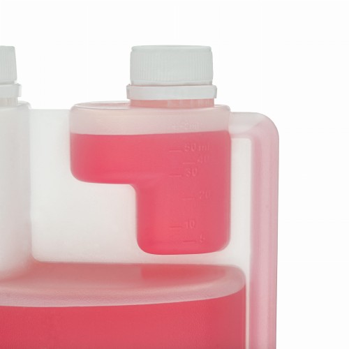 Profesjonalna butelka combo 1000 ml z podwójną komorą, w zestawie z dwoma białymi nakrętkami, szczelna konstrukcja dwa w jednym, trwałe tworzywo, do środków chemicznych , branża sprzątająca, koncetraty chemiczne, 1000 HDPE2K 28/410+NAKPWH 28/410.