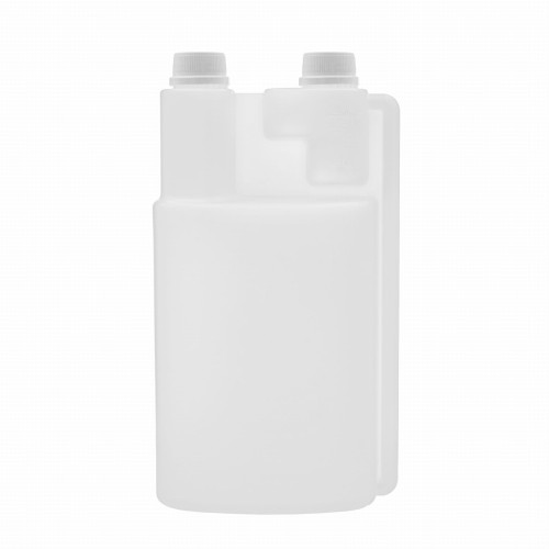 Profesjonalna butelka combo 1000 ml z podwójną komorą, w zestawie z dwoma białymi nakrętkami, szczelna konstrukcja dwa w jednym, trwałe tworzywo, do środków chemicznych , branża sprzątająca, suplementy diety dla zwierząt, 1000 HDPE2K 28/410+NAKPWH 28/410.