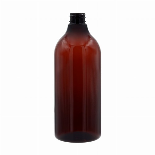 Butelka PET bursztynowa 750 ml, ochrona przed światłem, do płynów wrażliwych na działanie światła, przyciemnione tworzywo, kombatybilna z różnymi zamknięciami z gwintem 28/410, do preparatów do wnętrza auta, płynów do dezynfekcji,  750 ml BW 28/410.