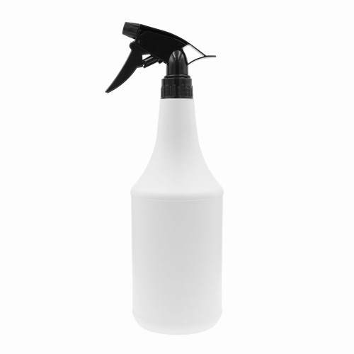 Biała, uniwersalna butelka HDPE 1000 ml, z długą szyjką, w zestawie z czarnym triggerem/spryskiwaczem, odporna na działanie środków chemicznych, zastosowanie profesjonalne, przemysłowe, warsztatowe, ME28/410.1000 ml HDPE ME28 + TRC BL 28/410.