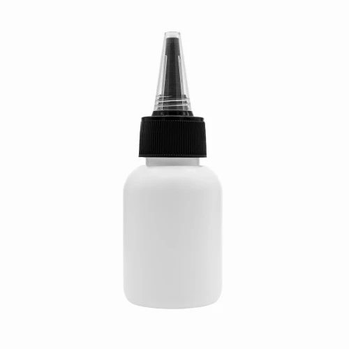 Biała **butelka HDPE 50 ml z czarno-przezroczystym aplikatorem dzióbkiem 24/410** i otworem 3 mm. Małe opakowanie do wcierek, serum, olejków, kosmetyków, klejów, pigmentów i precyzyjnego dozowania preparatów.