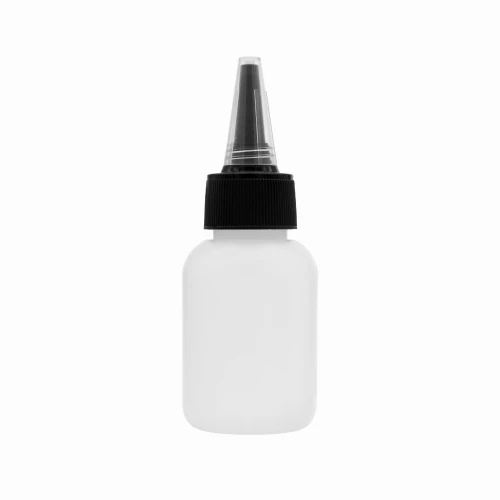 **Butelka LDPE 50 ml z aplikatorem dzióbek 24/410** do aplikacji punktowej. Elastyczne opakowanie do ściskania przeznaczone do kosmetyków, preparatów trychologicznych, olejów technicznych, pigmentów, klejów i produktów DIY.