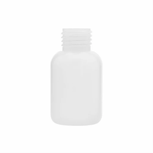 Biała **butelka LDPE 50 ml elastyczna z gwintem 24/410**, kształt BR, wysokość 71 mm i szerokość 39 mm. Miękka butelka squeeze do kosmetyków, wcierek, olejków, preparatów technicznych, próbek i produktów specjalistycznych.