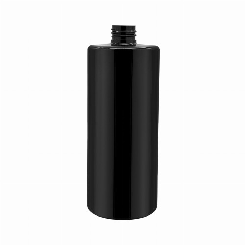 Elegancka czarna butelka 500 ml, minimalistyczny design, cylindryczny kształt, luksusowy wygląd, linie kosmetyków premium, do kosmetyków pielęgnacyjnych, kremów, do salonów kosmetycznych, kompatybilina z różnymi typami zamknięć, 500 PETCRBL 24/410.