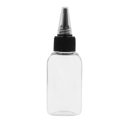 Owalna **butelka PET 30 ml z czarno-przezroczystym aplikatorem dzióbkiem**. Kompaktowe opakowanie do precyzyjnego dozowania kosmetyków, serum, olejków, wcierek, produktów beauty, próbek kosmetycznych i preparatów podróżnych.