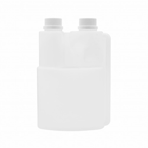 Profesjonalna butelka combo 500 ml z podwójną komorą, w zestawie z dwoma białymi zakrętkami, szczelna konstrukcja dwa w jednym,  do suplemetów dla zwierząt, środków chemicznych , branża sprzątająca, koncetraty chemiczne, 500 HDPE2K 28/410+NAKPWH 28/410.