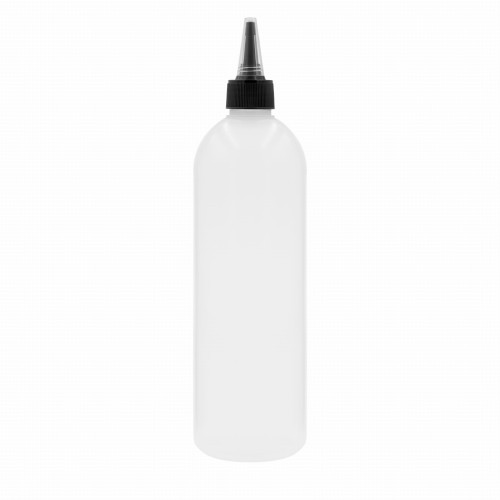 **Butelka LDPE 500 ml z czarno-przezroczystym aplikatorem dzióbkiem 24/410**. Elastyczna butelka do precyzyjnego dozowania wcierek, olejów, emulsji, klejów, kosmetyków, preparatów detailingowych, technicznych i przemysłowych.