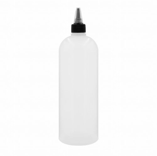 Elastyczna butelka 1000 ml LDPE, w zestawie z czarnym aplikatorem typu dzióbek, do precyzyjnego dozowania płynów, miękkie, do odżywek, preparaty fryzjerskie, kosmetyczne, chemia gospodarcza, środki czystości, gwint 28/410, 1000 LDPE 28/410 + APLBL 28/410.