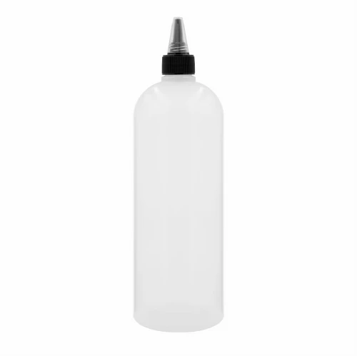 Mleczna butelka LDPE 1000 ml z czarnym aplikatorem dzióbkiem 28/410. Elastyczna butelka squeeze do precyzyjnego dozowania olejów, klejów, smarów, emulsji, preparatów technicznych, chemii samochodowej, detailingu i produktów przemysłowych.