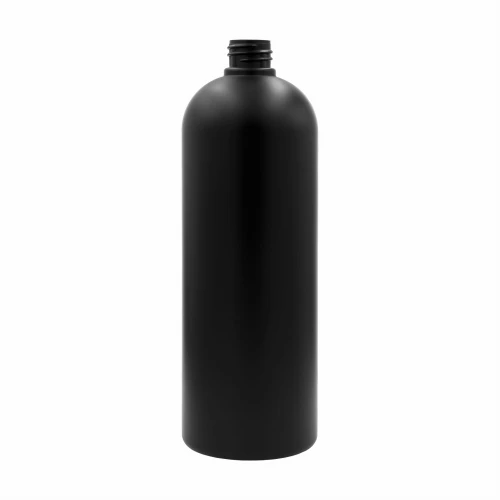 Czarna **butelka HDPE 1000 ml 1 l Boston Round** z gwintem 28/410, wys. 247 mm i szer. 82 mm. **Butelka HDPE do chemii technicznej**, detailingu, olejów, emulsji i preparatów warsztatowych, do kompletowania z aplikatorem.