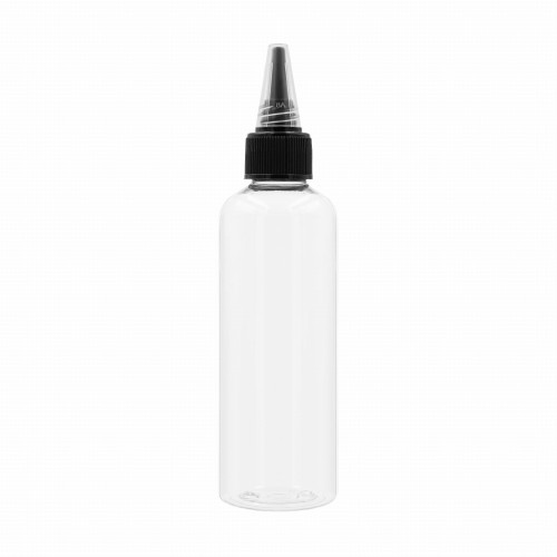 Bezbarwna butelka PET 100ml w zestawie z czarnym aplikatorem typu dzióbek 20/410, umożliwia precyzyjne dozowanie zawartości, lekka, trwała, do kosmetyków, preparatów płynnych, estetyczny wygląd produktu, 100PETBR 20/410+APLBL20/410.