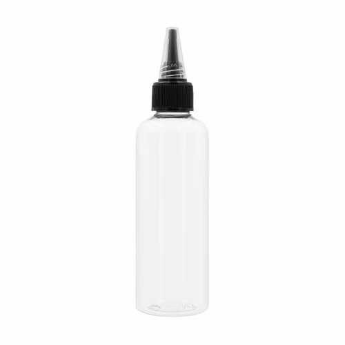 Transparentna **butelka PET 100 ml z aplikatorem dzióbkiem 20/410** i otworem 3 mm. **Butelka z aplikatorem** Boston Round do wcierek, odżywek, serum, kosmetyków i preparatów trychologicznych wymagających kierunkowego dozowania.