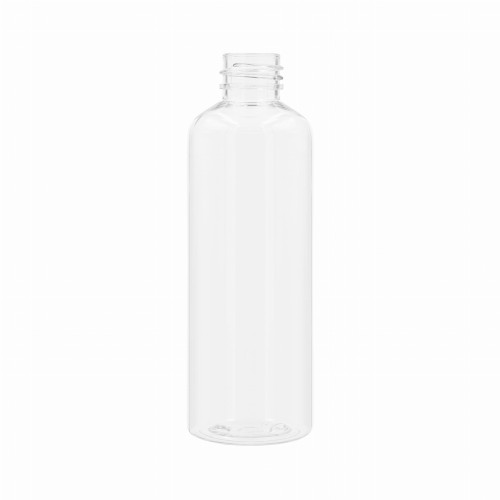 Transparentna **butelka PET 100 ml Boston Round** z gwintem 20/410, wys. 117 mm i szer. 39 mm. **Butelka PET do kosmetyków**, wcierek, serum i preparatów pielęgnacyjnych. Bezbarwne opakowanie do kompletowania z aplikatorem dzióbkiem.