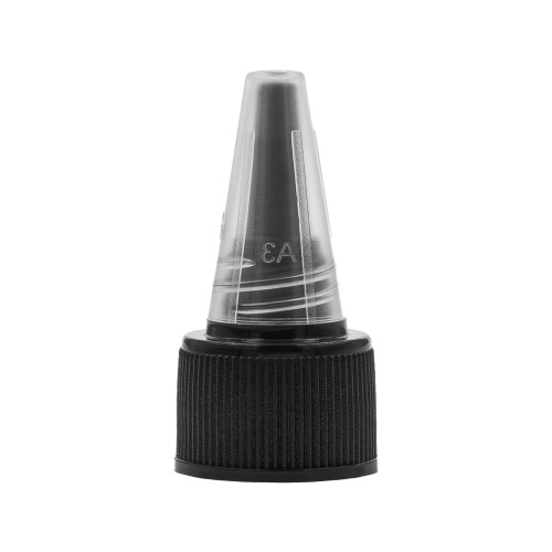 Czarno-przezroczysty **aplikator dzióbek 20/410** PP/PE z otworem 3 mm do **butelki PET 100 ml**. Aplikator do wcierek, odżywek, serum i kosmetyków wymagających dokładnego, miejscowego i kierunkowego dozowania produktu.