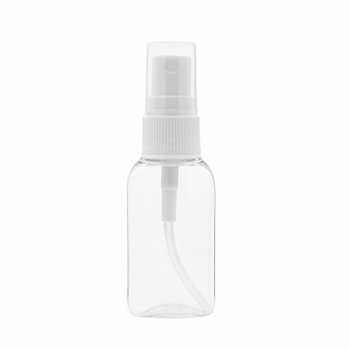 Transparentna butelka PET 30 ml, owalna, plastikowa z gwintem 20/410, w zestawie z białym atomizerem, spryskiwacz typu mgiełka z gwintem 20/410, do kosmetyków, perfum, próbek, zastosowań podróżnych.