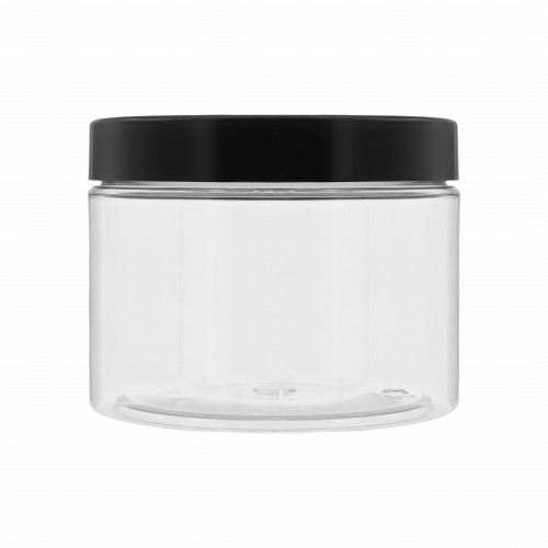 Transparentny słoik PET 500ml, pojemnik plastikowy na żywność w zestawie z wygodną, czarną nakrętką z uszczelnieniem, 500 PETSC 100/400+NAKUBL 100/400.