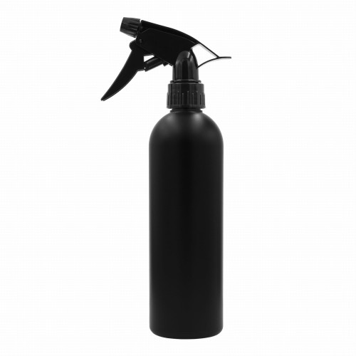 Czarna butelka HDPE 500 ml z gwintem 28/410, w zestawie z czarnym spryskiwaczem ręcznym typu trigger TRC BL 28/410, przeznaczona do detailingu, chemii gospodarczej, środków czyszczących.