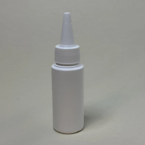 Biała butelka 50 ml HDPE cylindryczna w zestawie z białym aplikatorem, uniwersalne opakowanie, próbki kosmetyczne, preparaty laboratoryjne, podróżne opakowania na płyny, kosmetyki, 50HDPECR24410WH+APLWH24410.