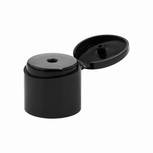 Czarne zamknięcie flip-top 24/410 wykonane z PP/PE z otworem 2,5 mm. Flip-top do butelek kosmetycznych HDPE, opakowań do szamponów, odżywek, mydła w płynie i gliceryny. Zamknięcie do opakowań kosmetycznych.