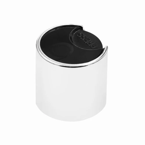 Srebrno-czarny Disc Top 24/410 wykonany z polipropylenu PP. Gładkie zamknięcie do butelek kosmetycznych HDPE i opakowań dla kosmetyków. Praktyczny Disc Top do butelek z gwintem 24/410.