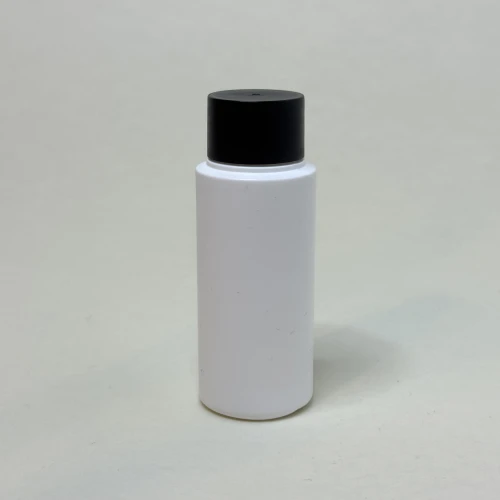 Biała butelka cylindryczna 50 ml HDPE, w zestawie z czarną nakrętką, gładka, plastikowa, szczelny zestaw, produkty promocyjne, kosmetyka profesjonalna, produkty testowe, 50HDPECR24410WH+NAKBL24410.